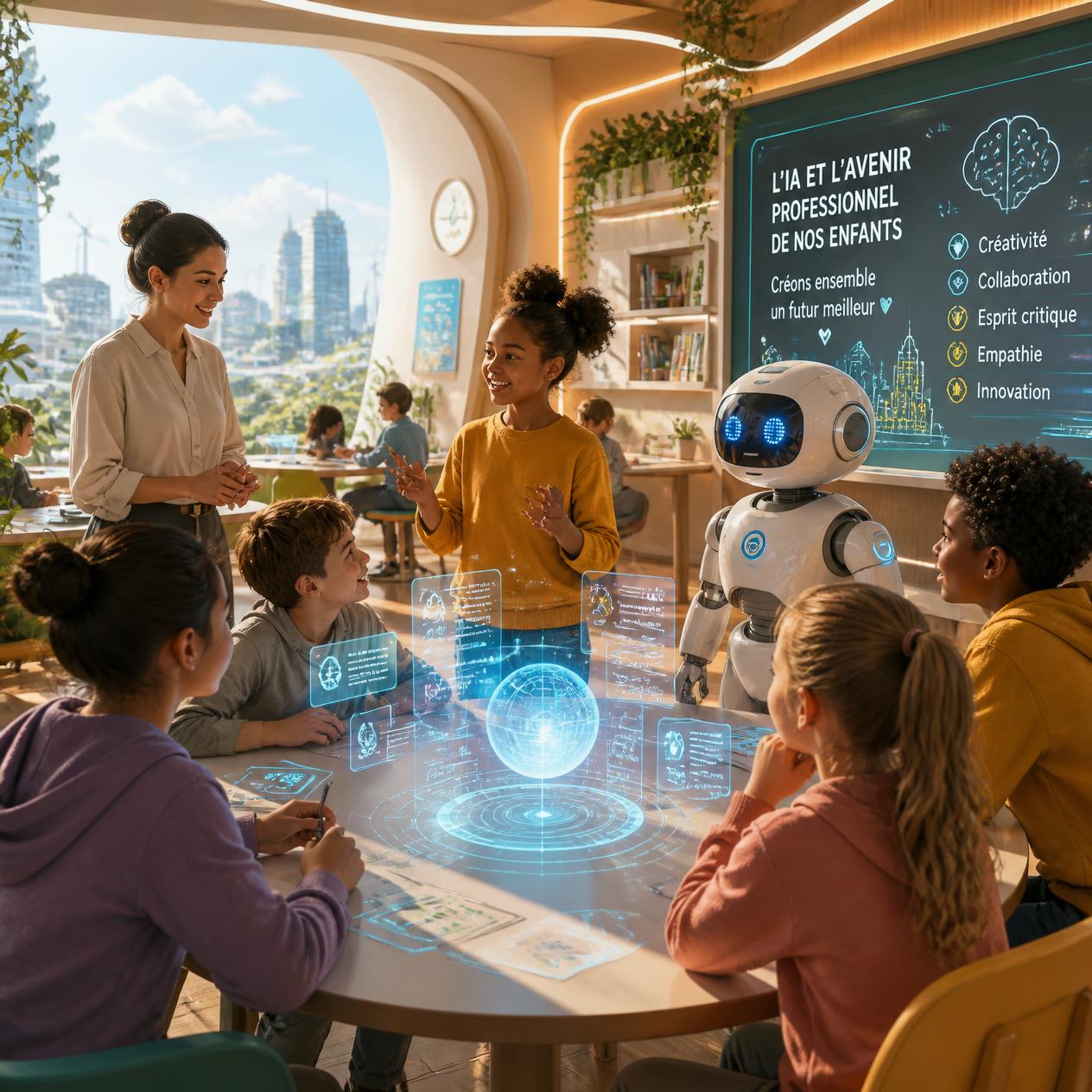 l'ia et l'avenir professionnel de nos enfants children learning about ai and future careers, minimal computers, focus on human interaction, holographic displays, ai assistant robot, collaborative learning environ